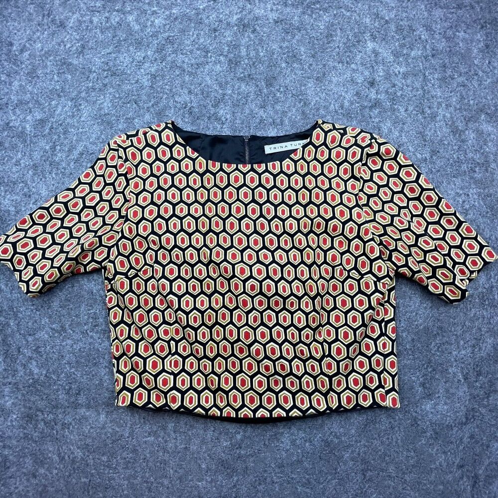 Trina Turk Shirt Womens Small Red Black Boxy Cropped Structured Lined Career